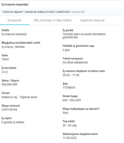 Qarabağda işləmək istəyənlərin nəzərinə! - İŞ YERLƏRİ
