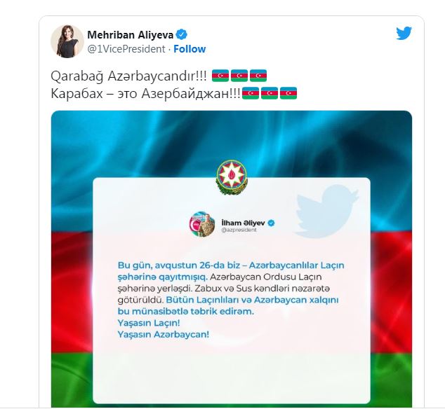 Mehriban Əliyevadan Laçınla bağlı paylaşım: 