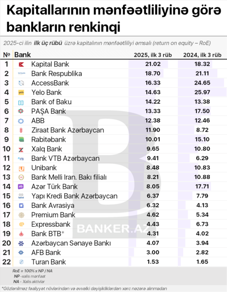 2025-ci ilin ilk üç rübündə kapitalından ən yaxşı istifadə edən banklar (ROE) – RENKİNQ