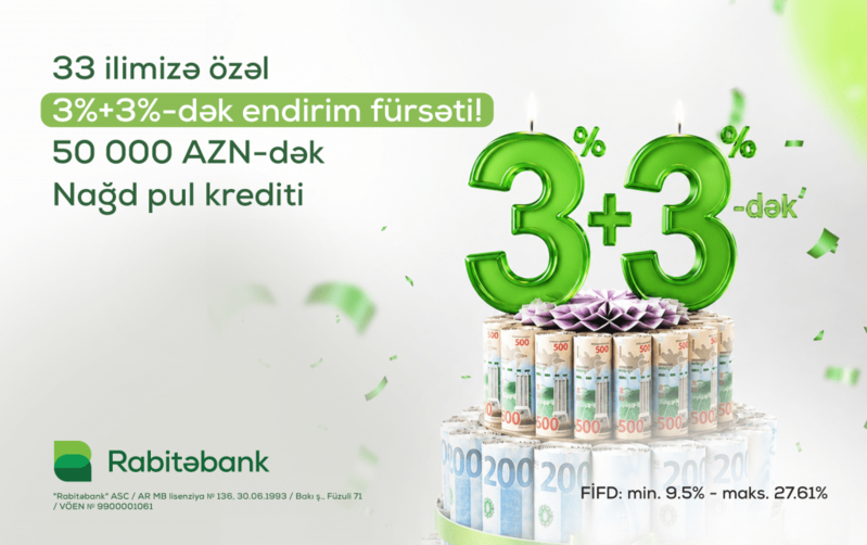 Rabitəbankdan 33 illik yubileyinə özəl nağd pul krediti kampaniyası