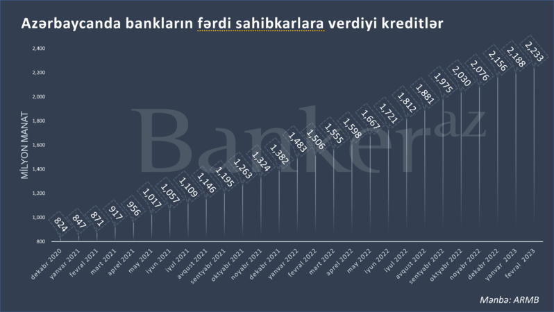 Azərbaycanda fərdi sahibkarlara verilən kreditlər 2.23 mlrd. manata çatıb
