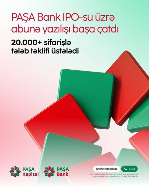 PAŞA Bank IPO-su üzrə abunə yazılışı 20 mindən artıq sifarişlə başa çatıb