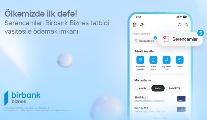 Birbank Biznes-dən daha bir yenilik: sərəncam ödənişləri ölkədə ilk dəfə mobil tətbiqdə