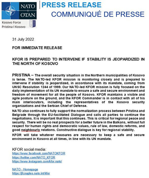 NATO missiyası Kosovodakı vəziyyətə münasibət bildirib