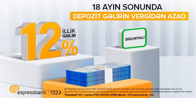 İllik 12% gəlirli, sığortalı və vergidən azad depozit