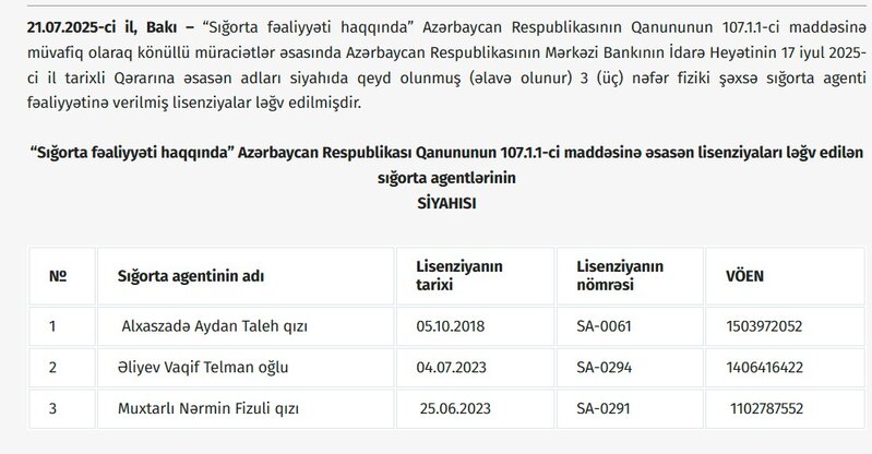 3 sığorta agentinin lisenziyası ləğv edilib
