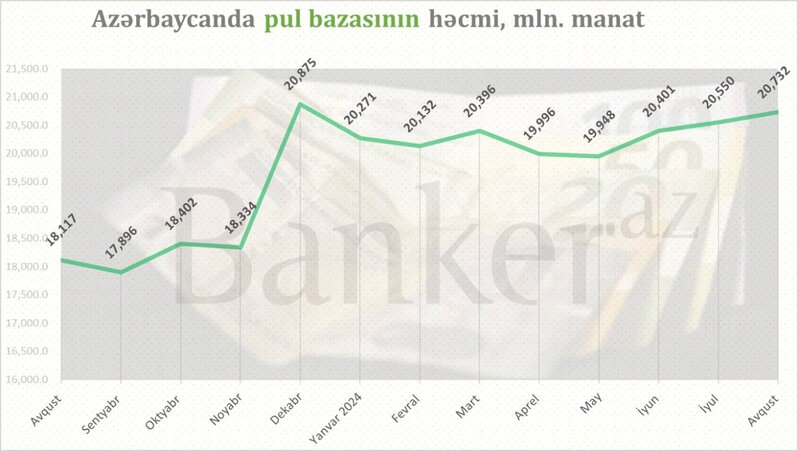 Azərbaycanda pul bazası artaraq 20.73 mlrd. manatı keçib