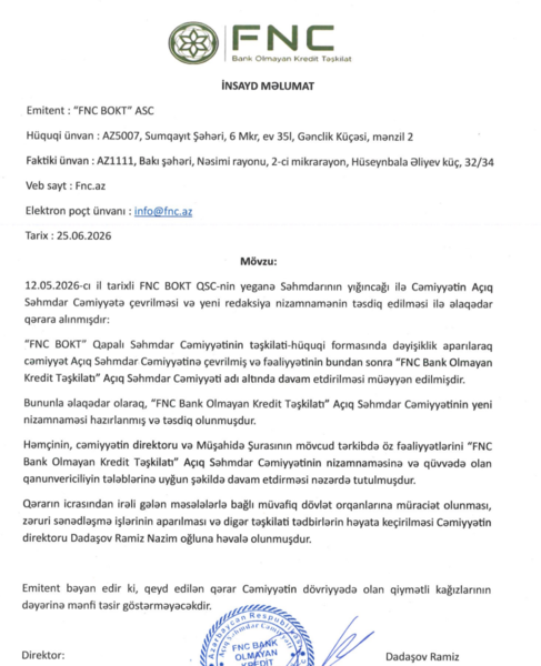 FNC BOKT təşkilati-hüquqi formasını dəyişərək ASC-yə çevrilib