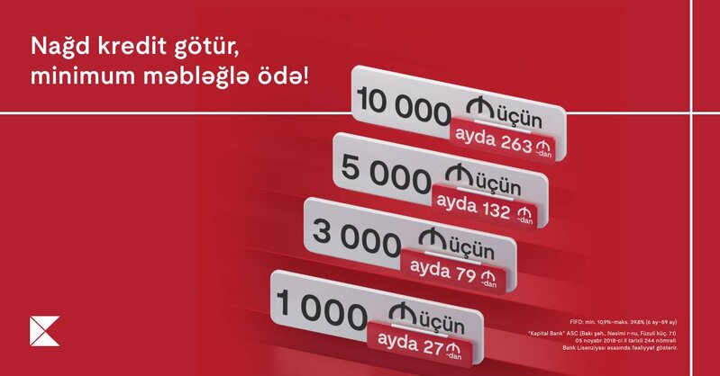 Kapital Bank-dan nağd pul kreditinə minimum ödəniş fürsəti