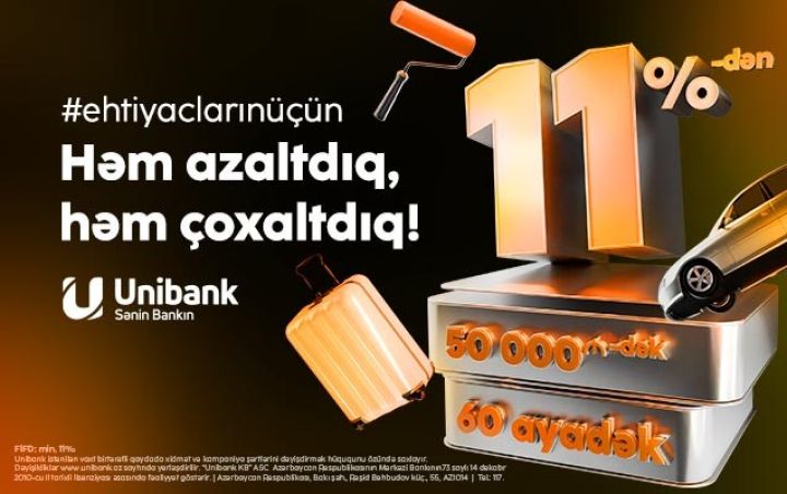 Unibank kredit faizini aşağı saldı, kredit məbləğini və müddəti artırdı