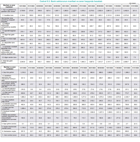 Banklar təkcə yanvarda 100 mln. manatlıq xalis mənfəət əldə ediblər