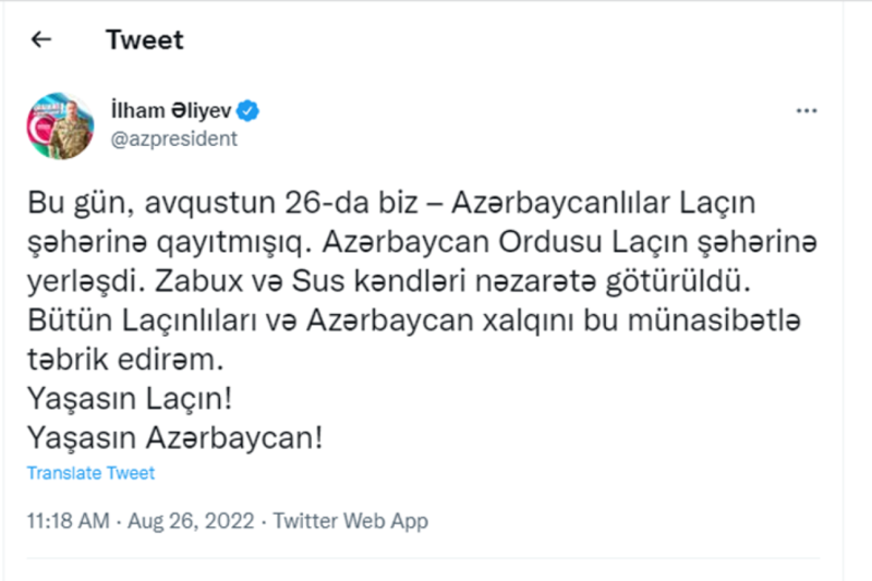 Azərbaycan Ordusu Laçına yerləşdi' - Prezident elan etdi