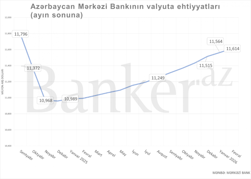 Mərkəzi Bankın valyuta ehtiyatları son 16 ayın maksimumuna yüksəlib