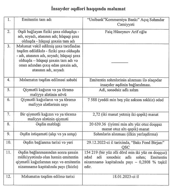 Unibank-ın yeni səhmlərini alan 7 investordan 3-nün adı və payları açıqlandı